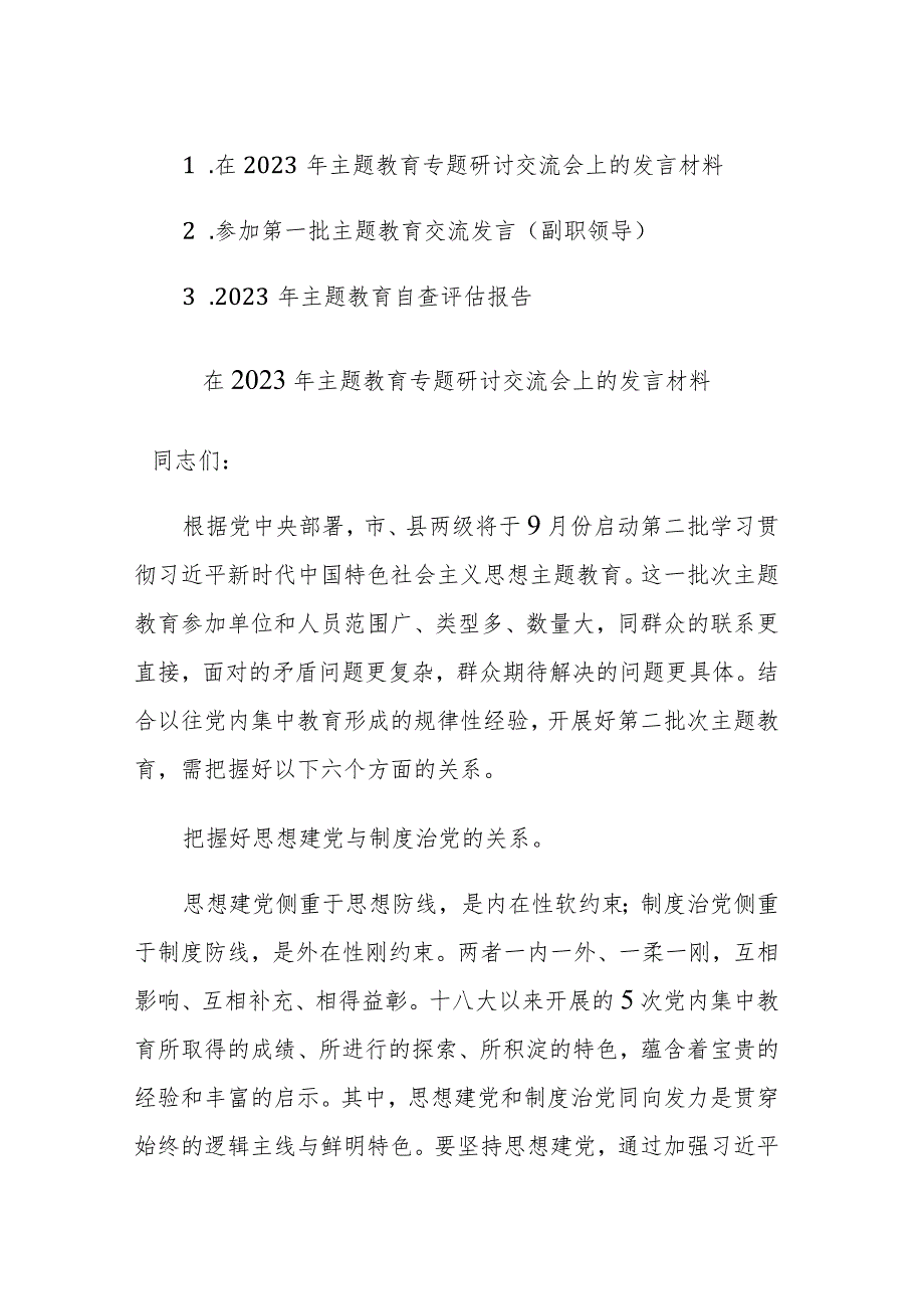 在2023年主题教育专题研讨交流会上的发言材料和自查评估报告范文2篇.docx_第1页