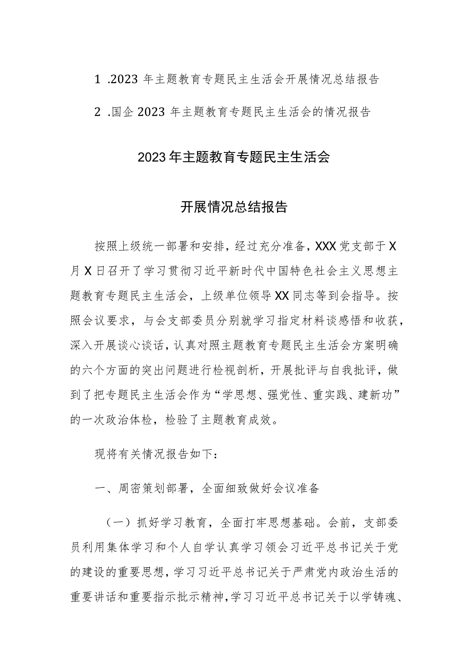 2023年主题教育专题民主生活会开展情况总结报告范文2篇.docx_第1页