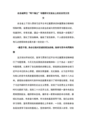 在忠诚捍卫“两个确立”专题研讨交流会上的发言范文范文.docx