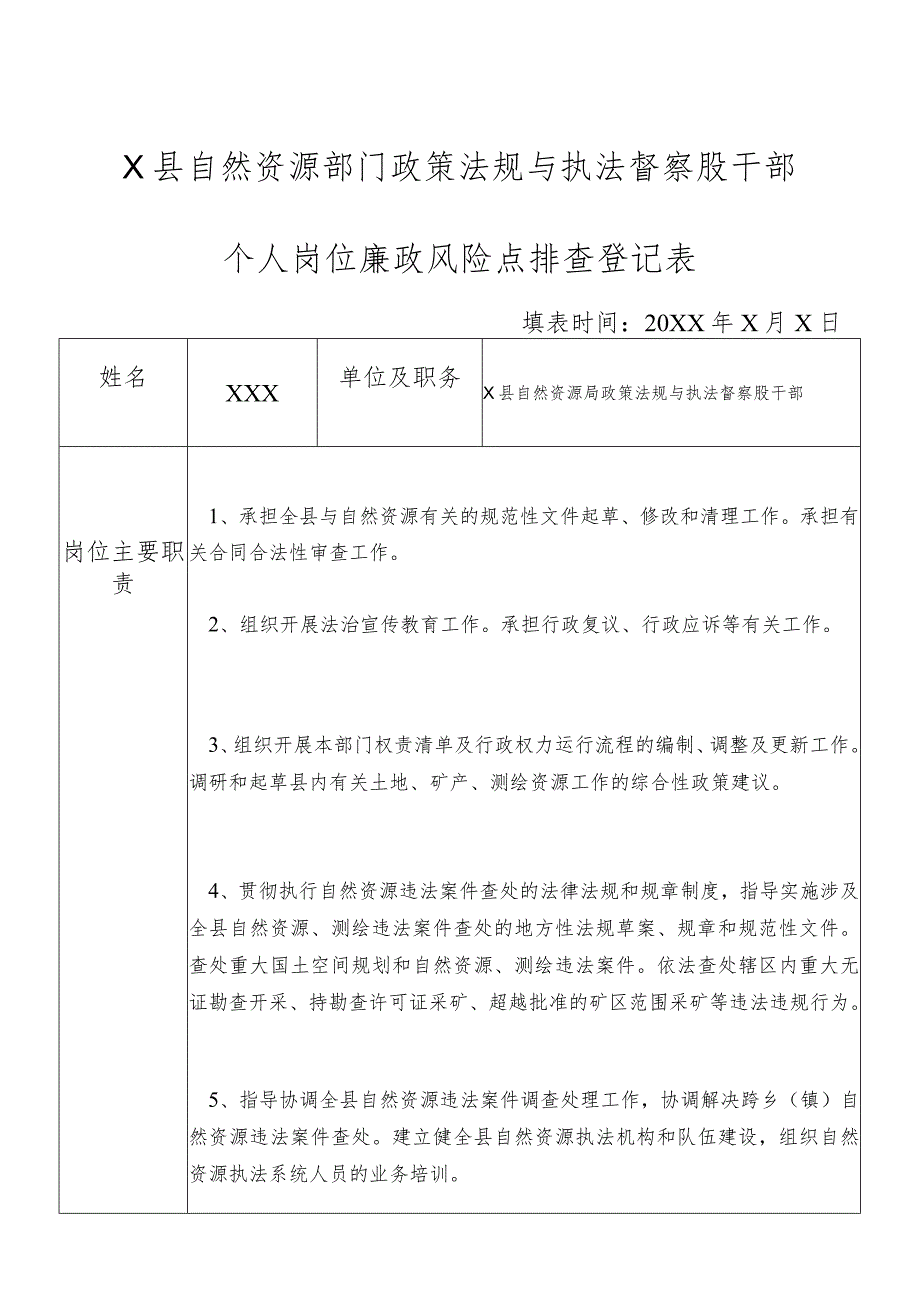 某县自然资源部门政策法规与执法督察股干部个人岗位廉政风险点排查登记表.docx_第1页