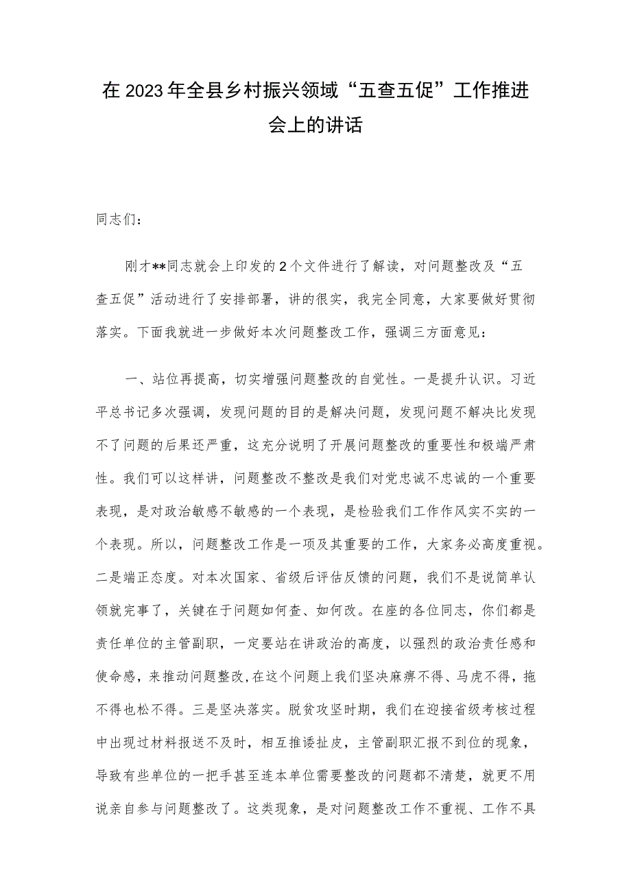 在2023年全县乡村振兴领域“五查五促”工作推进会上的讲话.docx_第1页