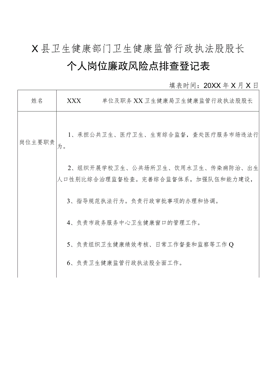 X县卫生健康部门卫生健康监管行政执法股股长个人岗位廉政风险点排查登记表.docx_第1页