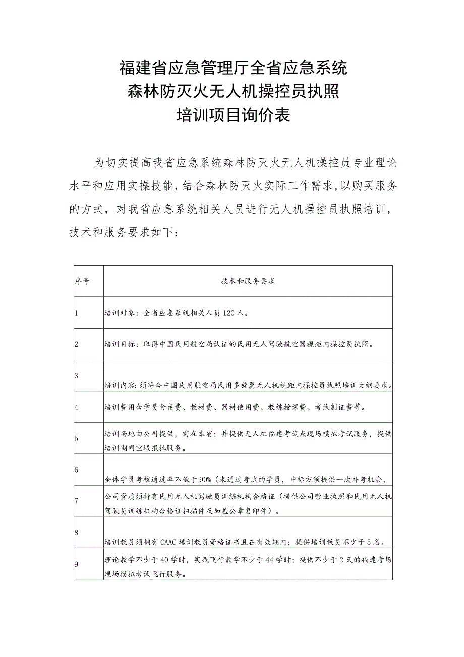 福建省应急管理厅全省应急系统森林防灭火无人机操控员执照培训项目询价表.docx_第1页