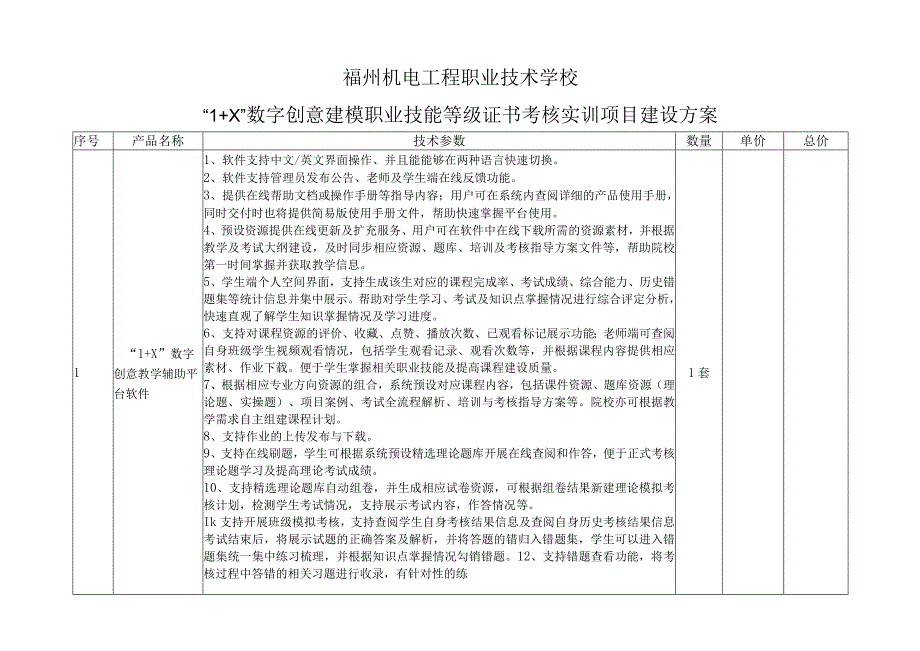 福州机电工程职业技术学校“1 X”数字创意建模职业技能等级证书考核实训项目建设方案.docx_第1页