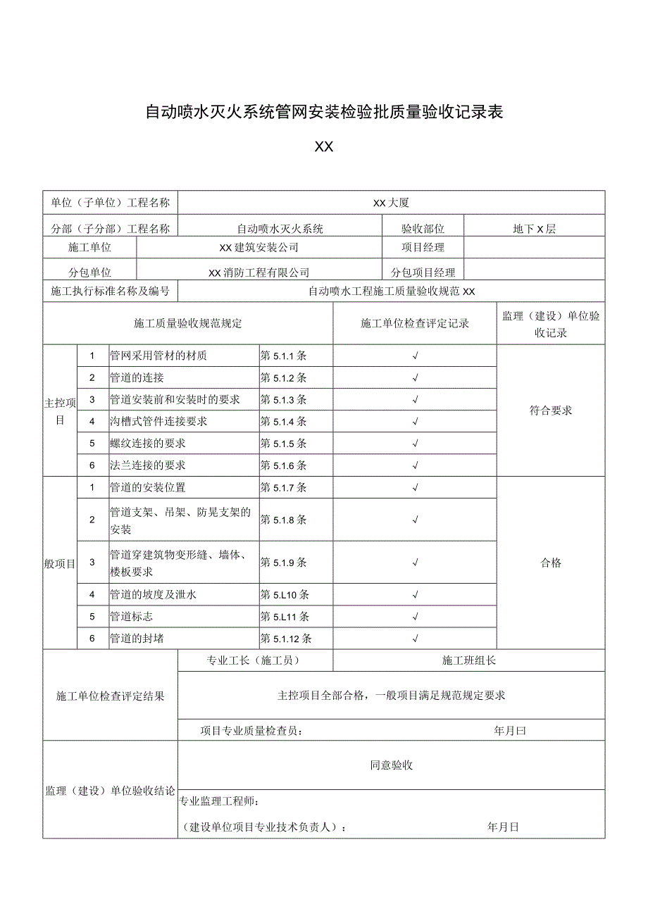 XX公司XX工程自动喷水灭火系统管网安装检验批质量验收记录表（2023年）.docx_第2页