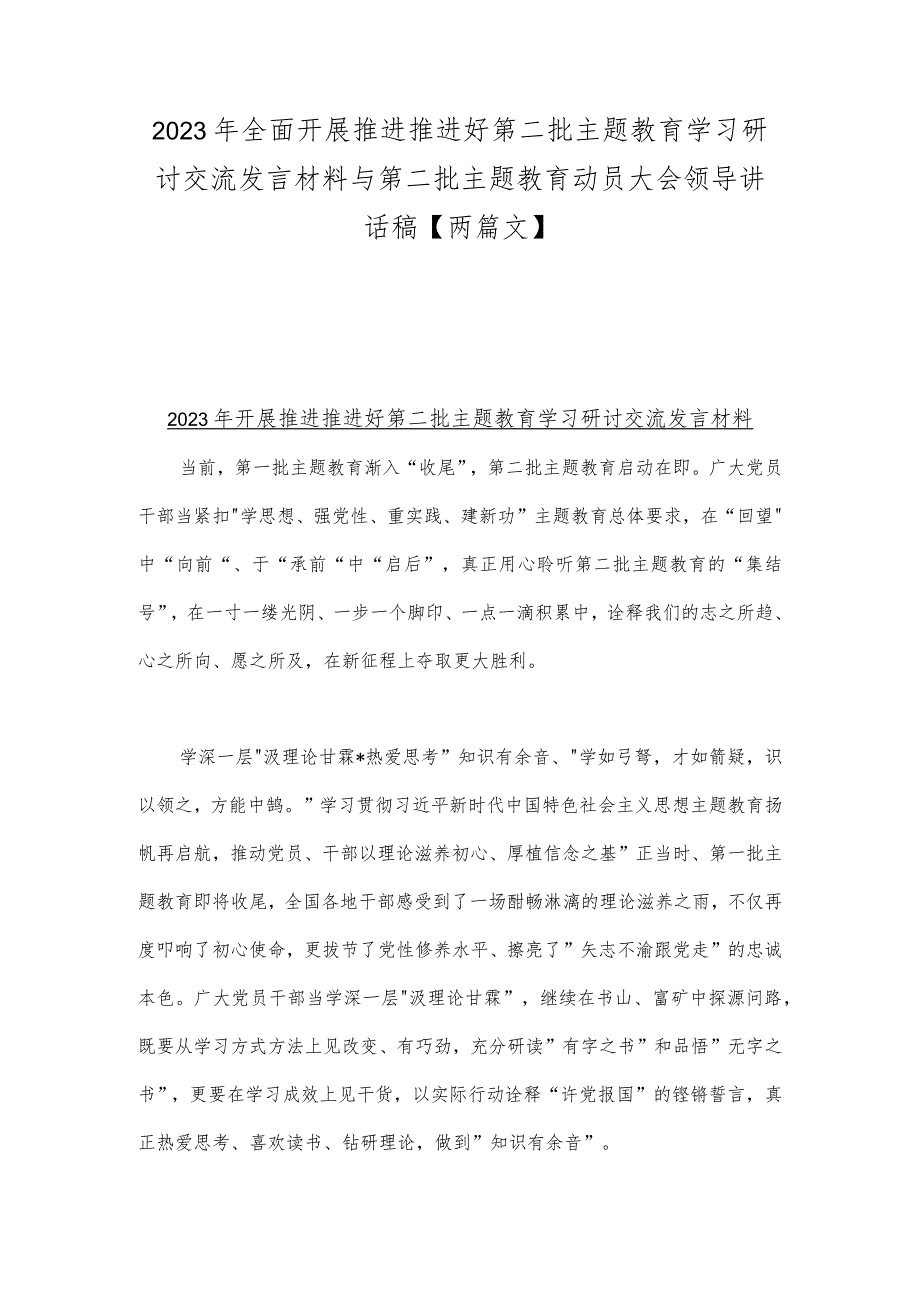 2023年全面开展推进推进好第二批主题教育学习研讨交流发言材料与第二批主题教育动员大会领导讲话稿【两篇文】.docx_第1页