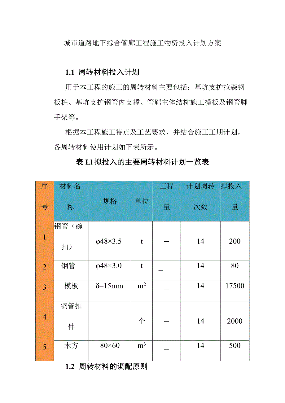 城市道路地下综合管廊工程施工物资投入计划方案.docx_第1页