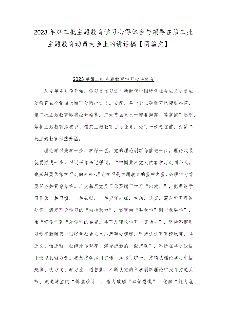 2023年第二批主题教育学习心得体会与领导在第二批主题教育动员大会上的讲话稿【两篇文】.docx_第1页