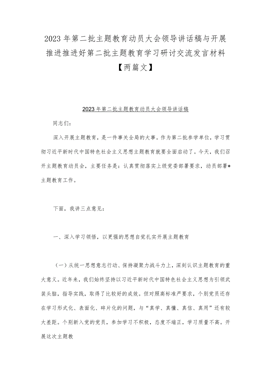 2023年第二批主题教育动员大会领导讲话稿与开展推进推进好第二批主题教育学习研讨交流发言材料【两篇文】.docx_第1页