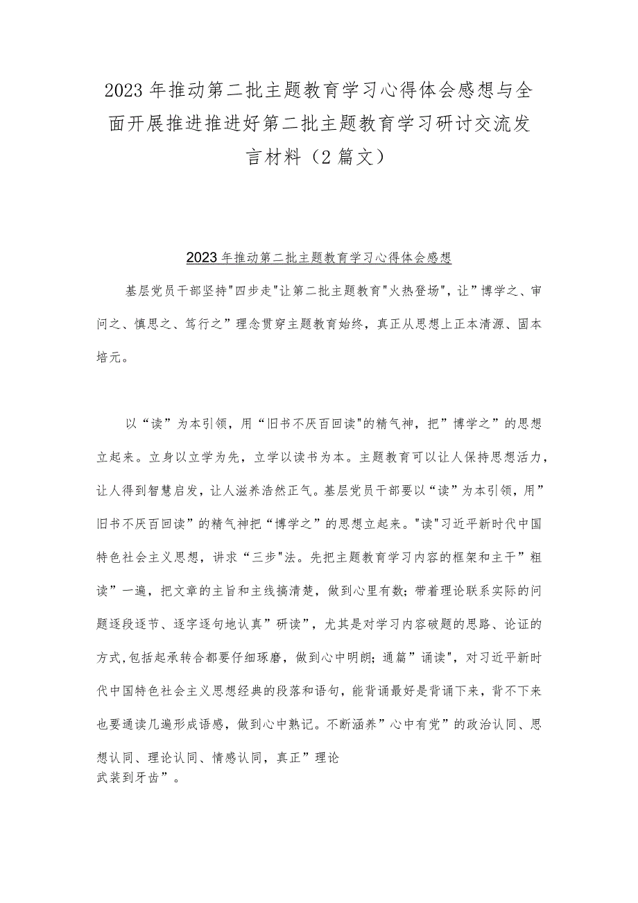 2023年推动第二批主题教育学习心得体会感想与全面开展推进推进好第二批主题教育学习研讨交流发言材料（2篇文）.docx_第1页