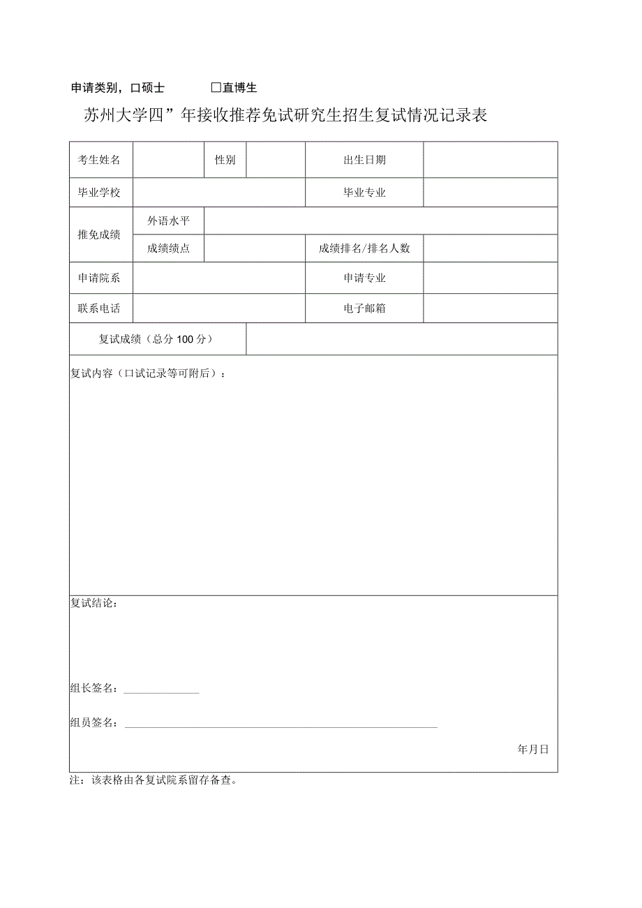 苏州大学2006年硕士研究生招生复试情况记录表.docx_第1页