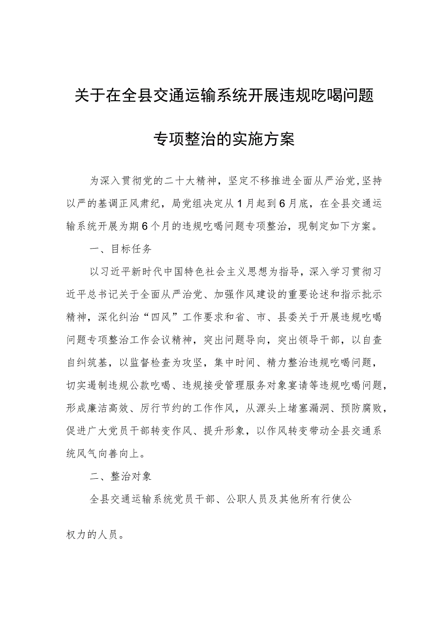 关于在全县交通运输系统开展违规吃喝问题专项整治的实施方案.docx_第1页