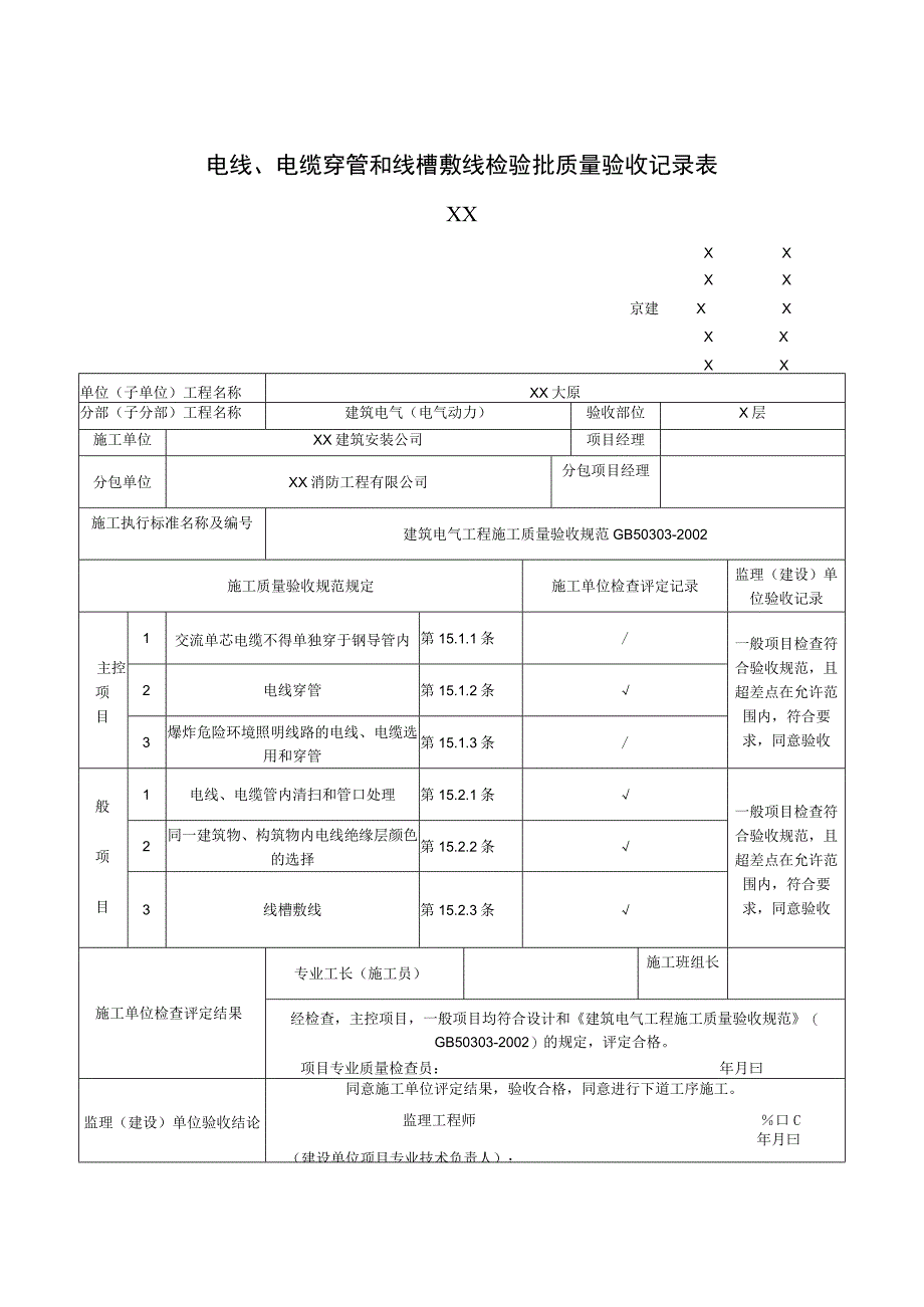 XX公司XX消防工程电线、电缆穿管和线槽敷线检验批质量验收记录表（2023年）.docx_第1页