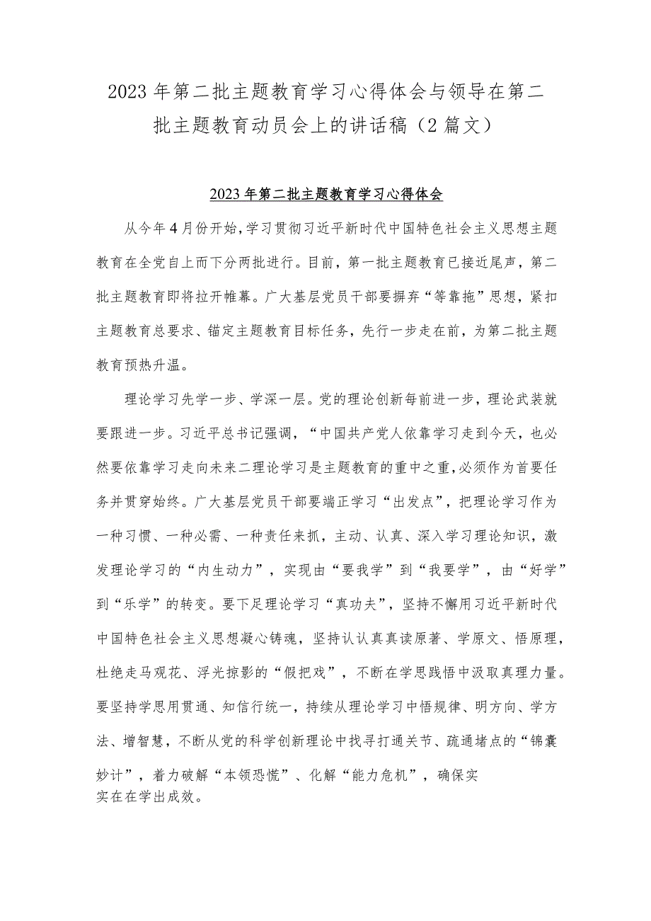 2023年第二批主题教育学习心得体会与领导在第二批主题教育动员会上的讲话稿（2篇文）.docx_第1页