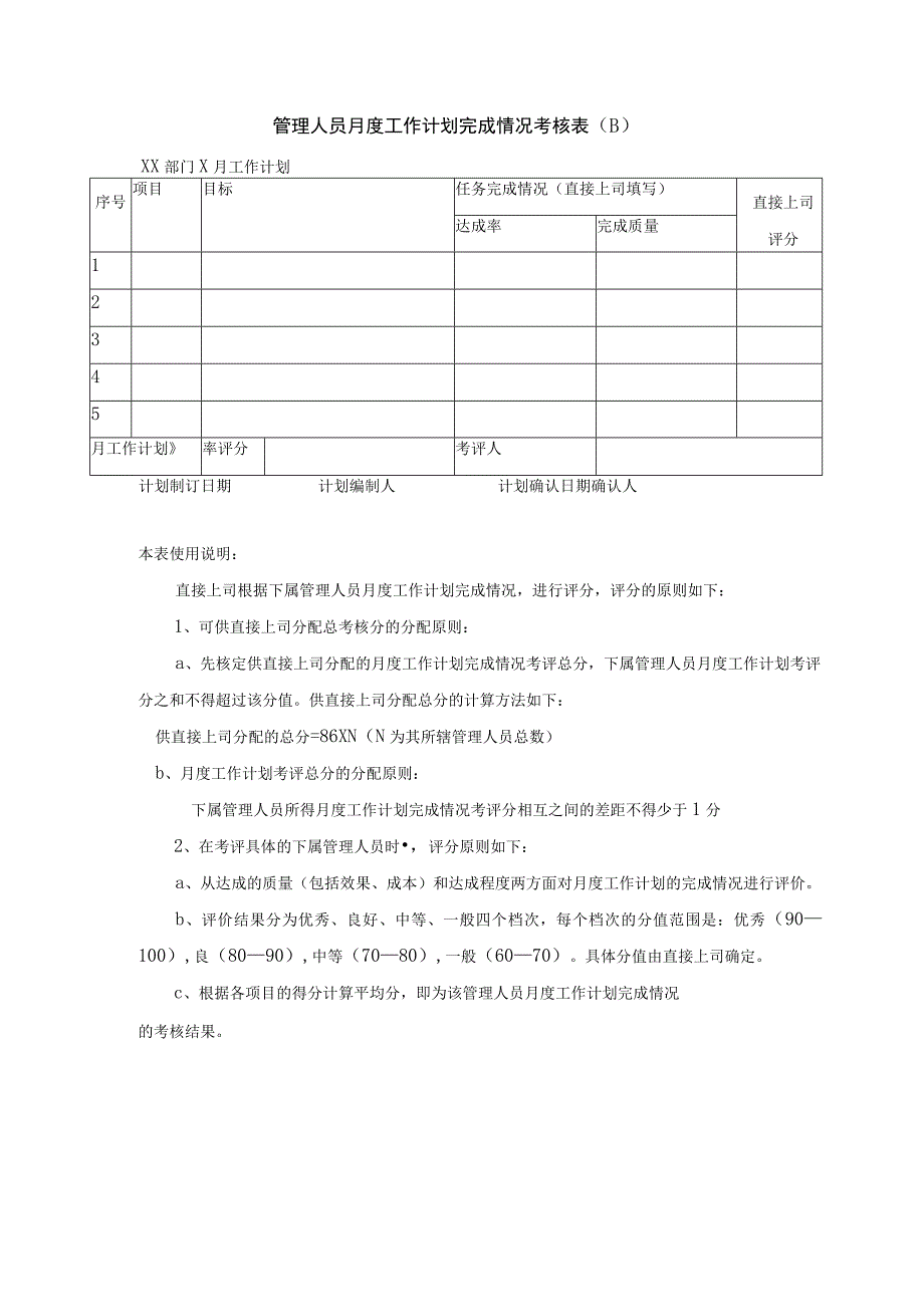 管理人员月度工作计划完成情况考核表.docx_第1页