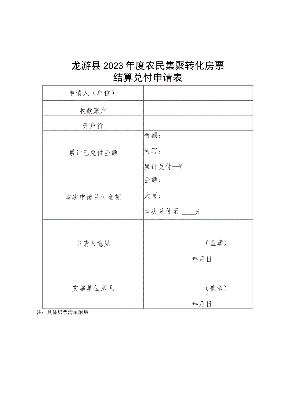 龙游县2023年度农民集聚转化房票结算兑付申请表.docx_第1页