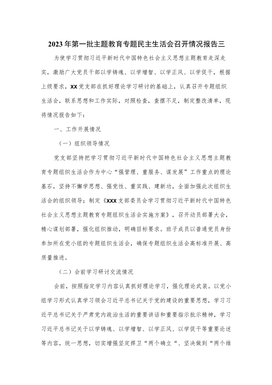 2023年第一批主题教育专题民主生活会召开情况报告三.docx_第1页