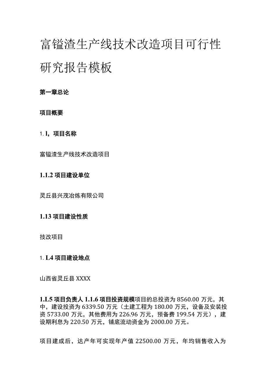 富锰渣生产线技术改造项目可行性研究报告模板.docx_第1页