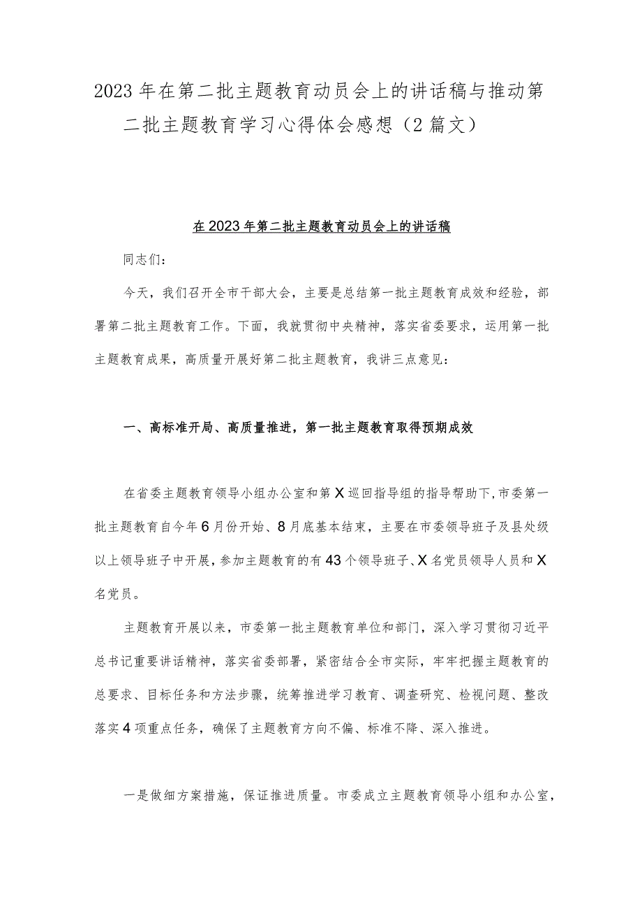 2023年在第二批主题教育动员会上的讲话稿与推动第二批主题教育学习心得体会感想（2篇文）.docx_第1页