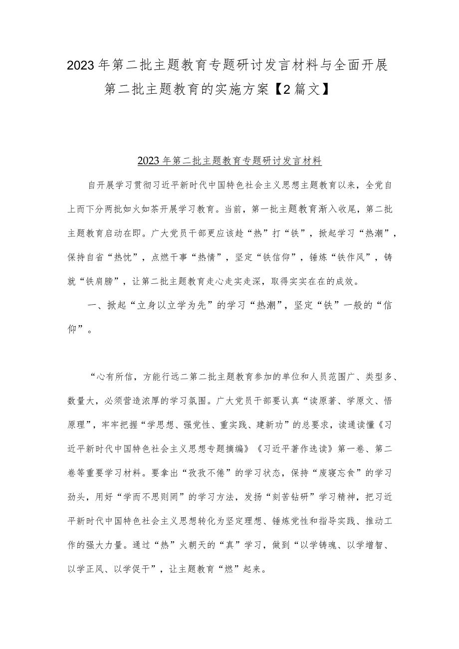 2023年第二批主题教育专题研讨发言材料与全面开展第二批主题教育的实施方案【2篇文】.docx_第1页