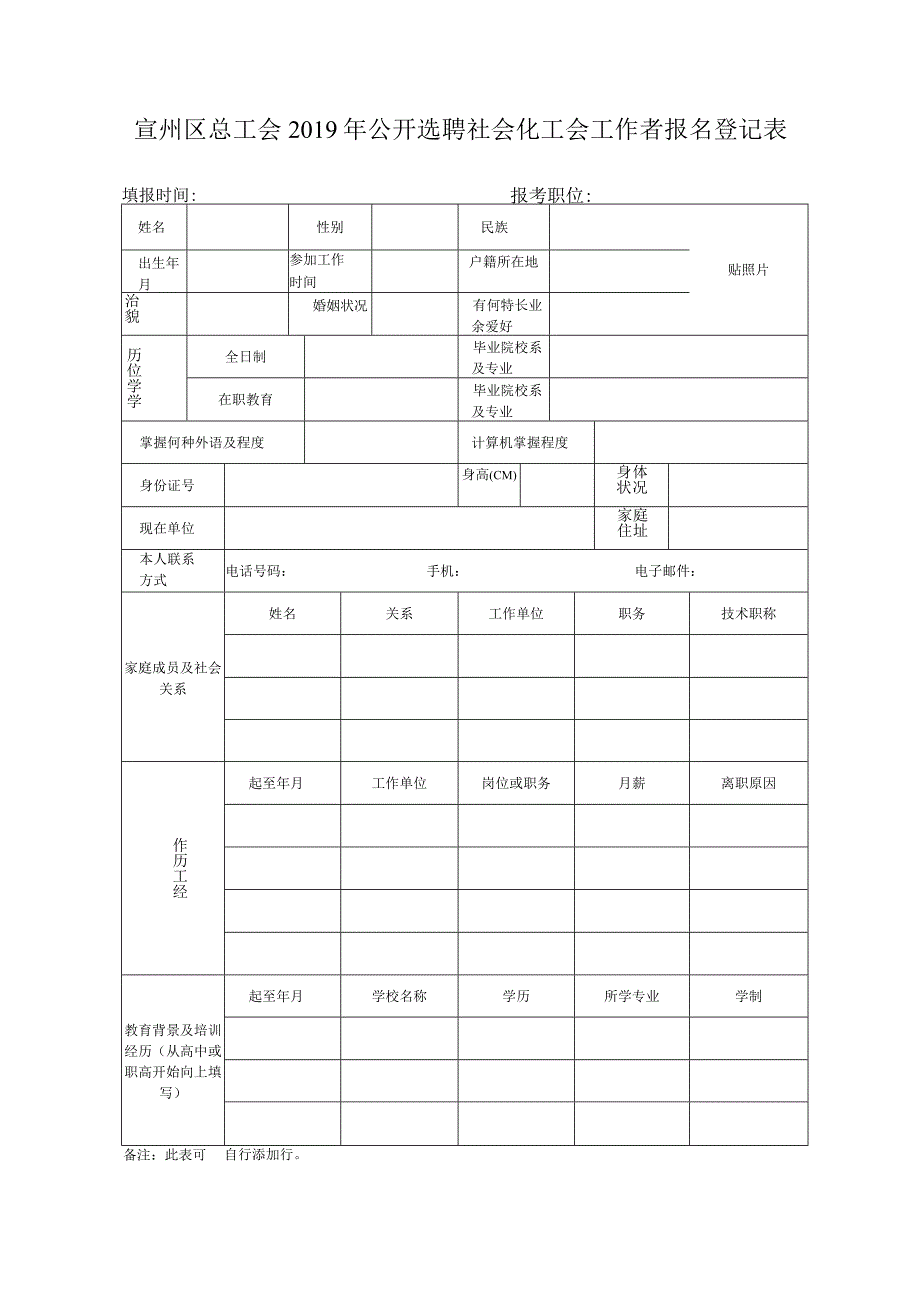 宣城市总工会面向全市公开选聘社会化工会工作者报名登记表.docx_第1页