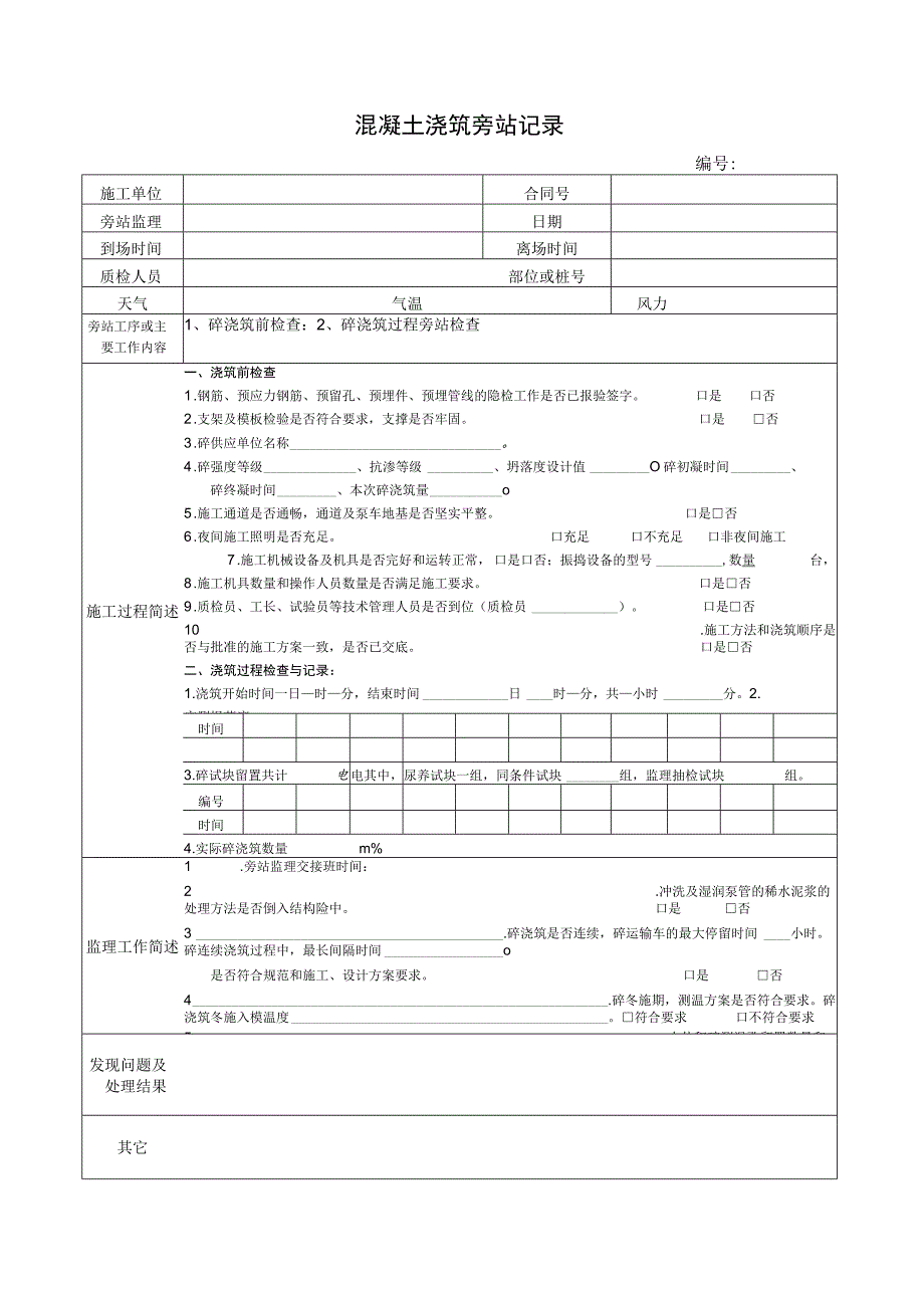 混凝土浇筑旁站记录.docx_第1页