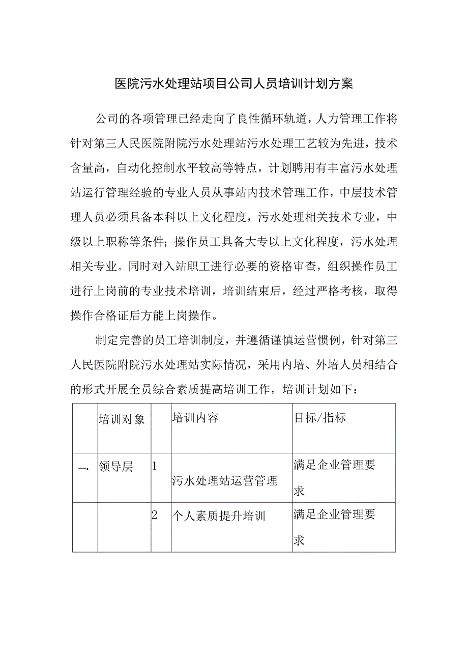 医院污水处理站项目公司人员培训计划方案.docx_第1页