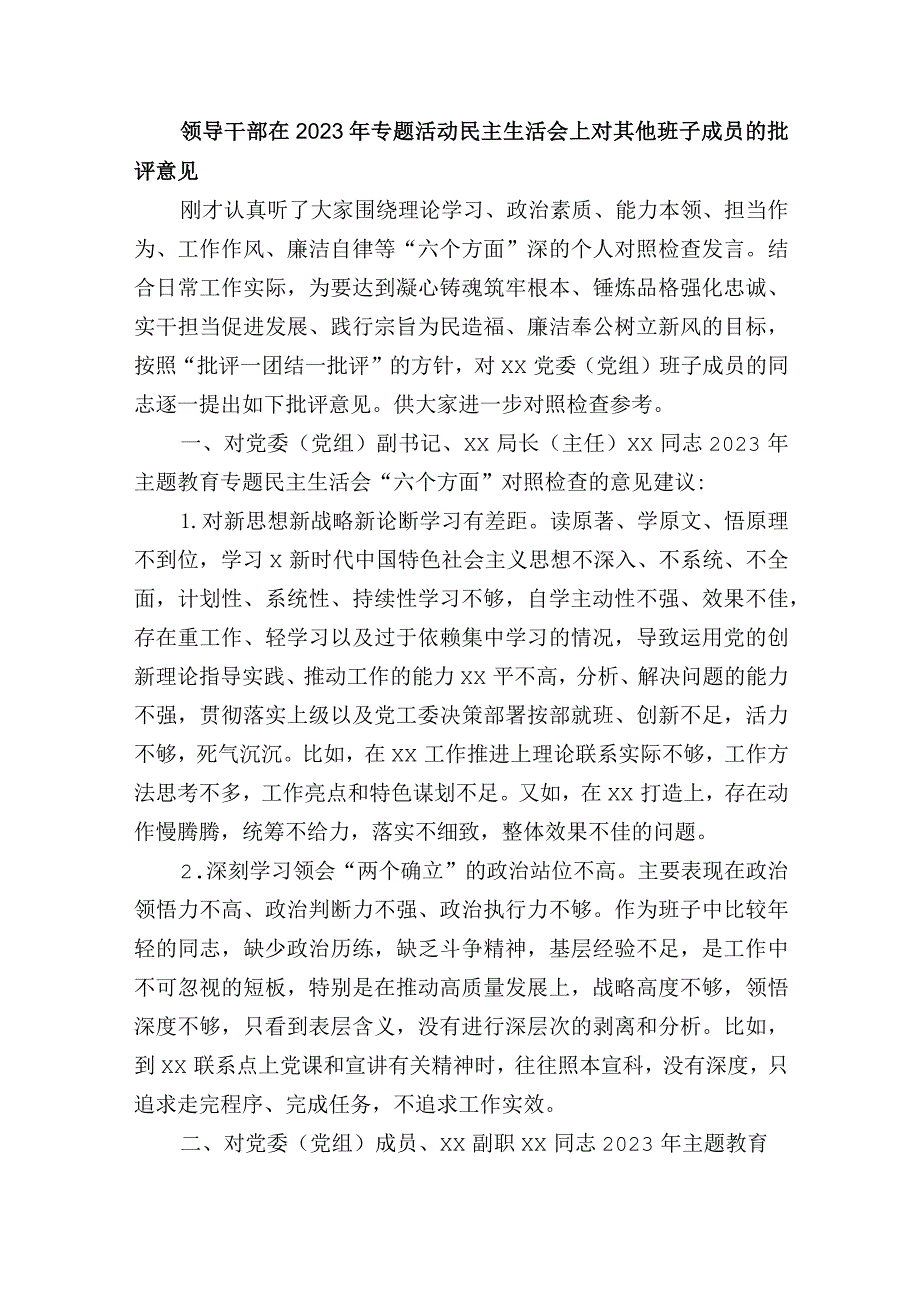 领导干部在2023年专题活动民主生活会上对其他班子成员的批评意见.docx_第1页