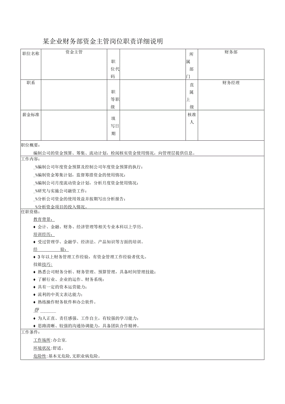 某企业财务部资金主管岗位职责详细说明.docx_第1页