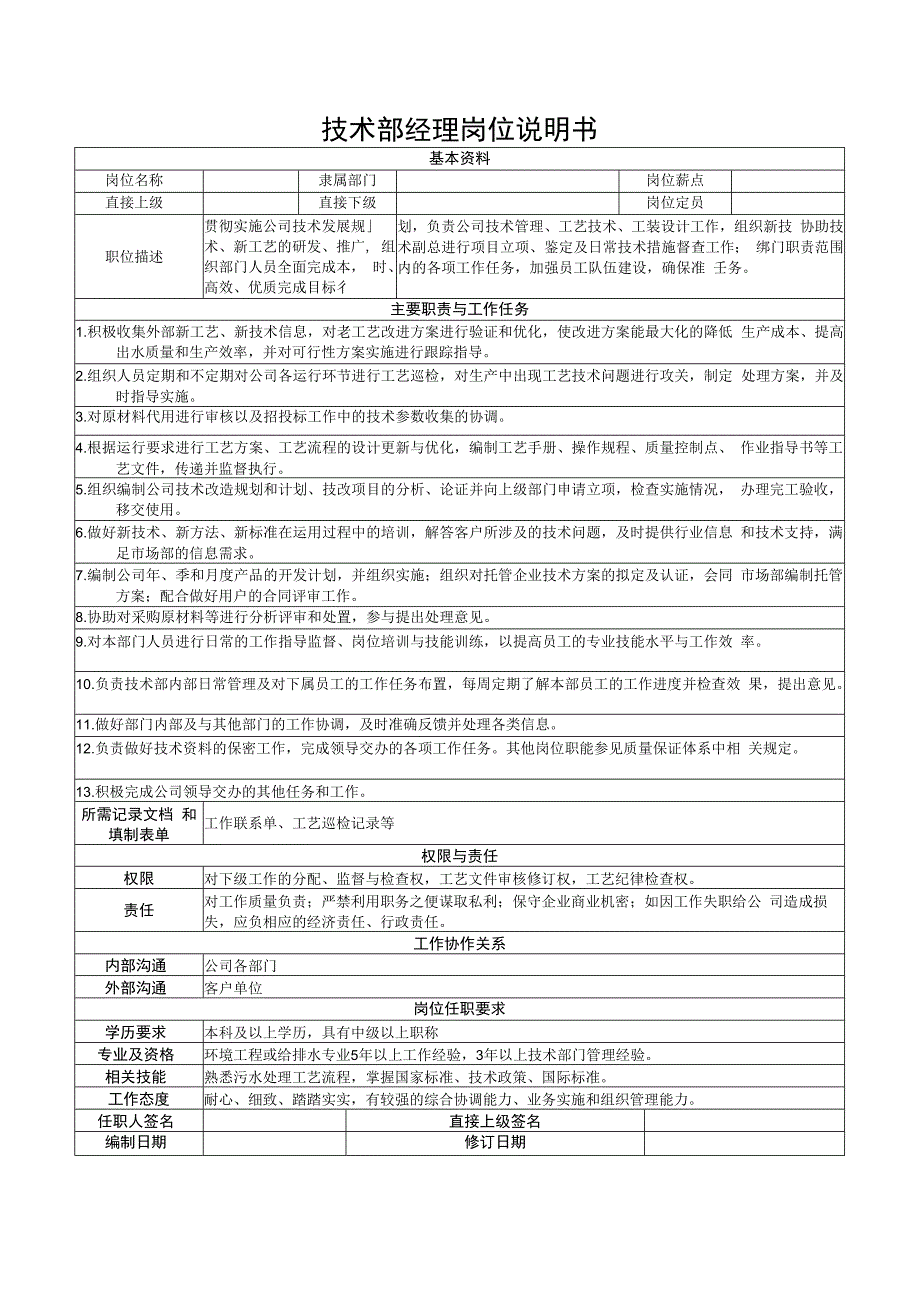 技术部经理岗位说明书.docx_第1页