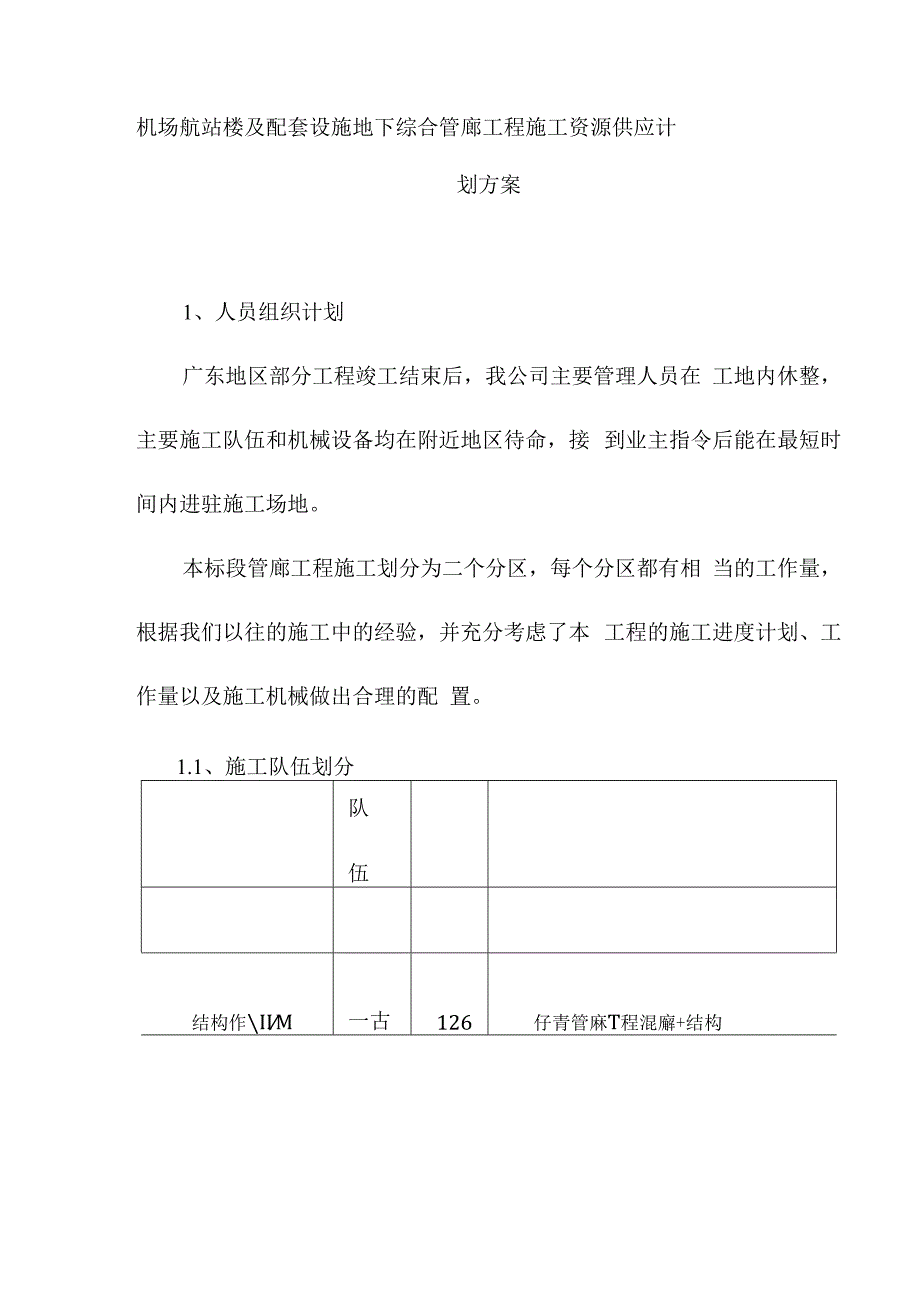 机场航站楼及配套设施地下综合管廊工程施工资源供应计划方案.docx_第1页