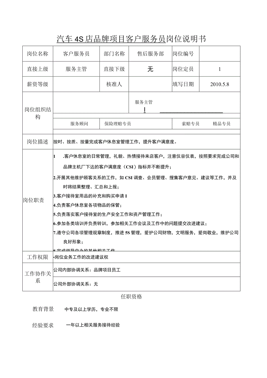 汽车4S店品牌项目客户服务员岗位说明书.docx_第1页