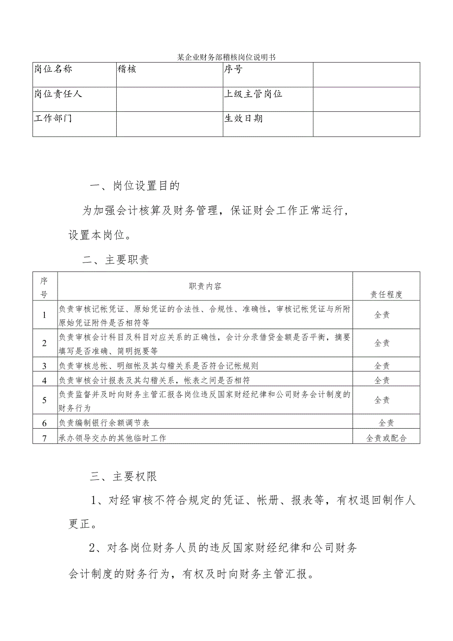 某企业财务部稽核岗位说明书.docx_第1页