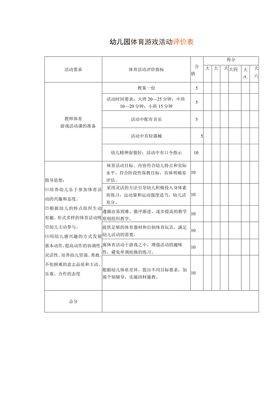 幼儿园体育游戏活动评价表.docx_第1页