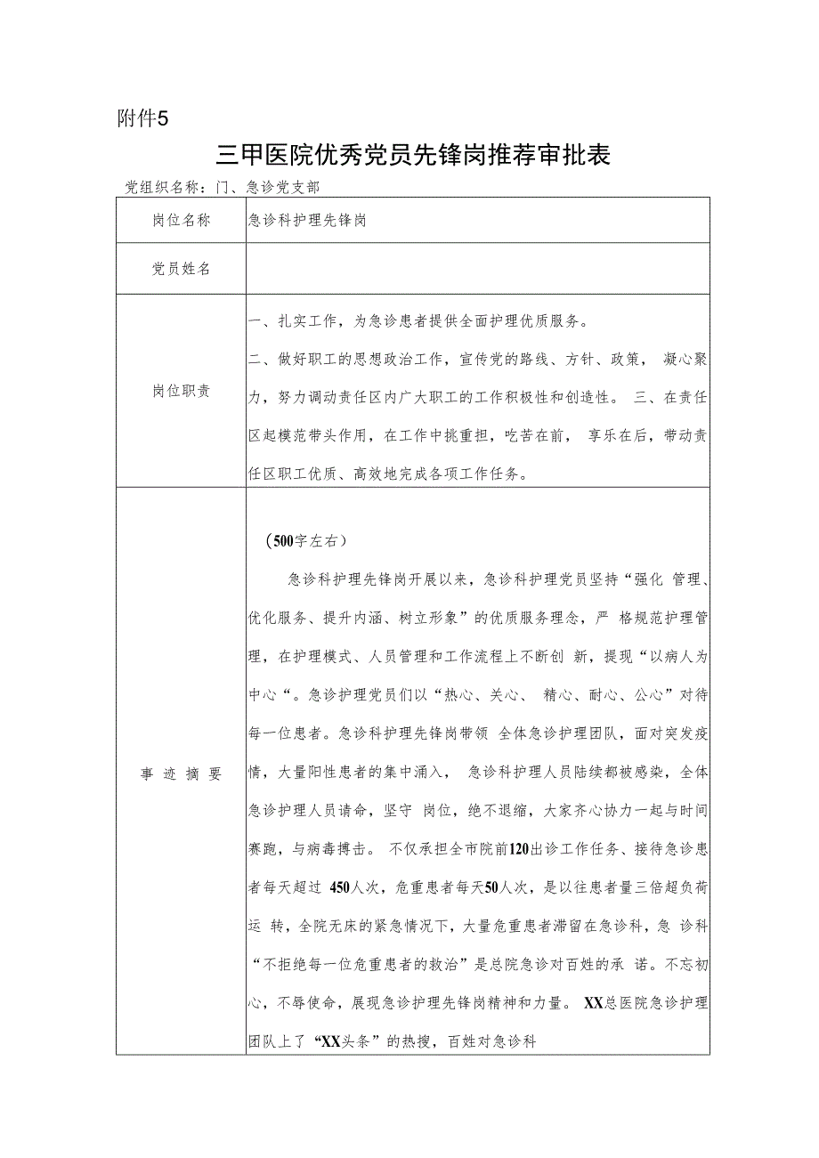 三甲医院优秀党员先锋岗推荐审批表.docx_第1页