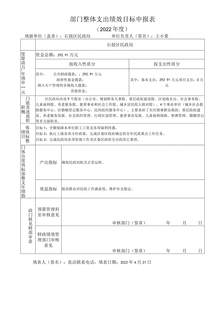 部门整体支出绩效目标申报表.docx_第1页