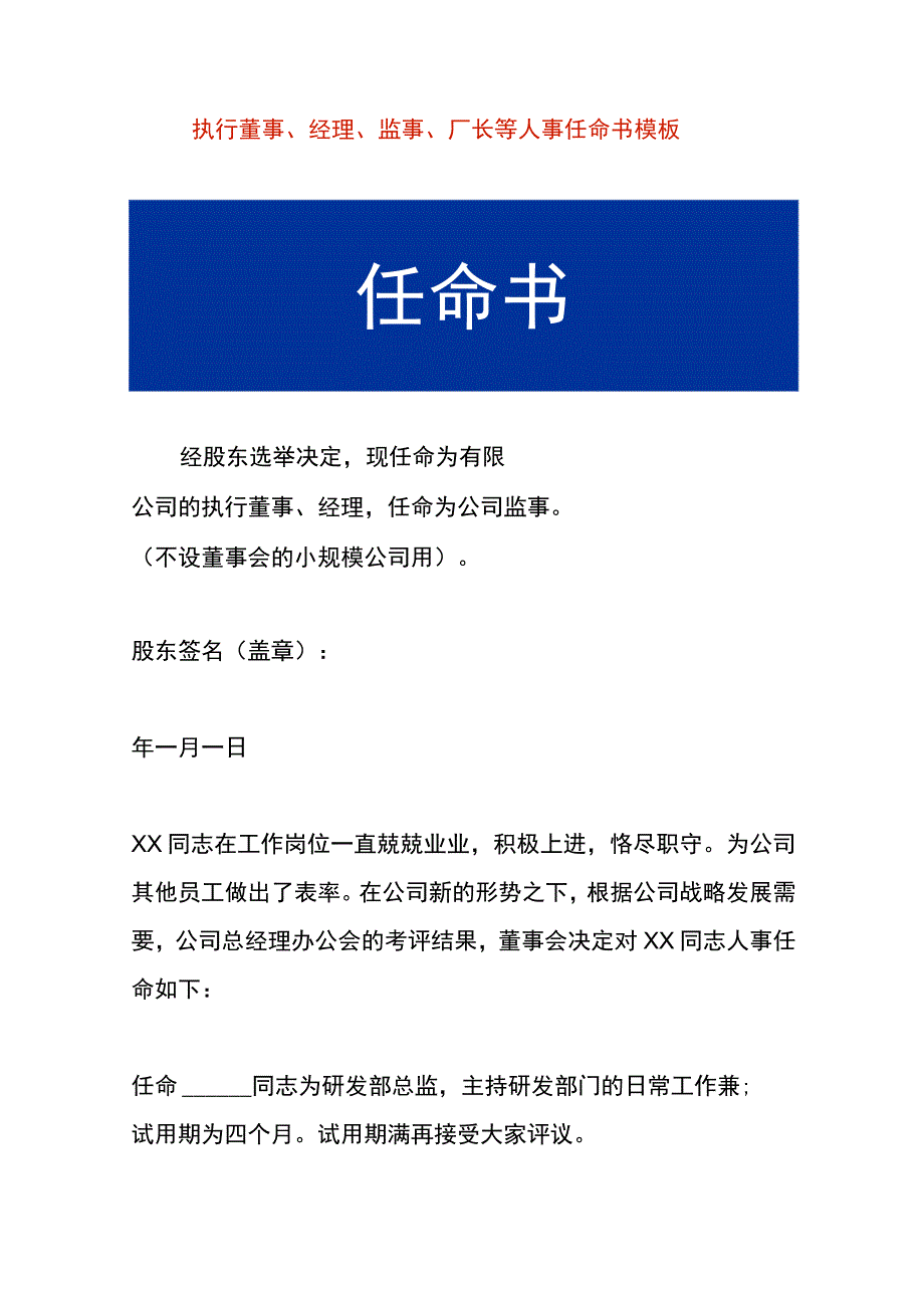 执行董事、经理、监事、厂长等人事任命书模板.docx_第1页