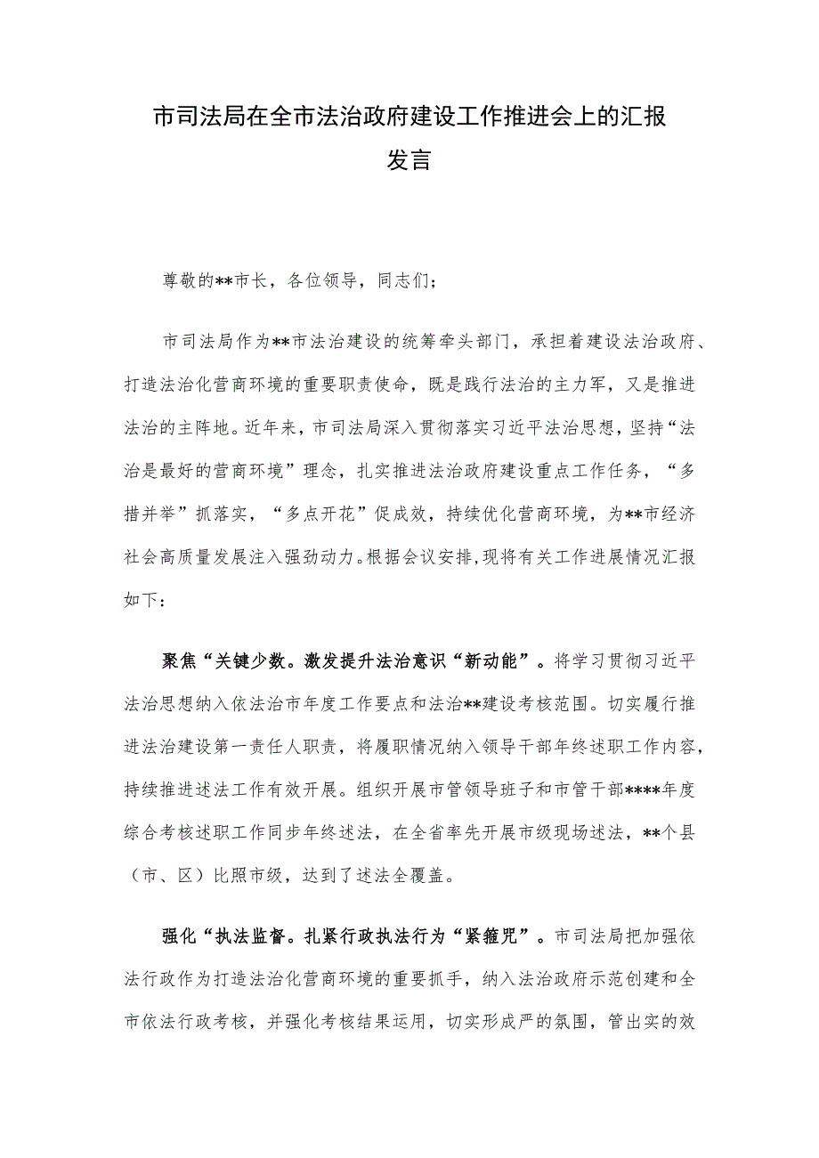 市司法局在全市法治政府建设工作推进会上的汇报发言.docx_第1页