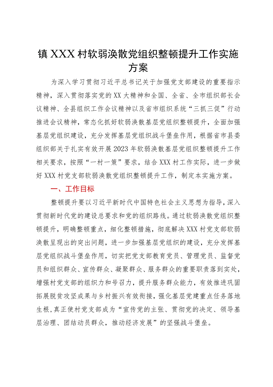 镇村软弱涣散党组织整顿提升工作实施方案.docx_第1页