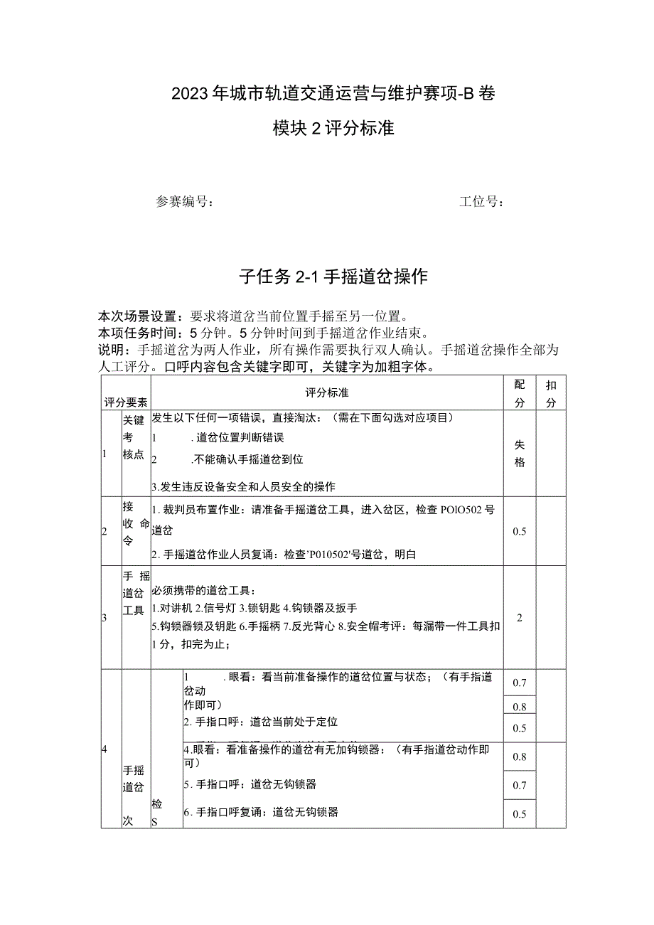 2023年城市轨道交通运营与维护赛项-B卷-模块2 评分标准-2023年全国职业院校技能大赛赛项正式赛卷.docx_第1页