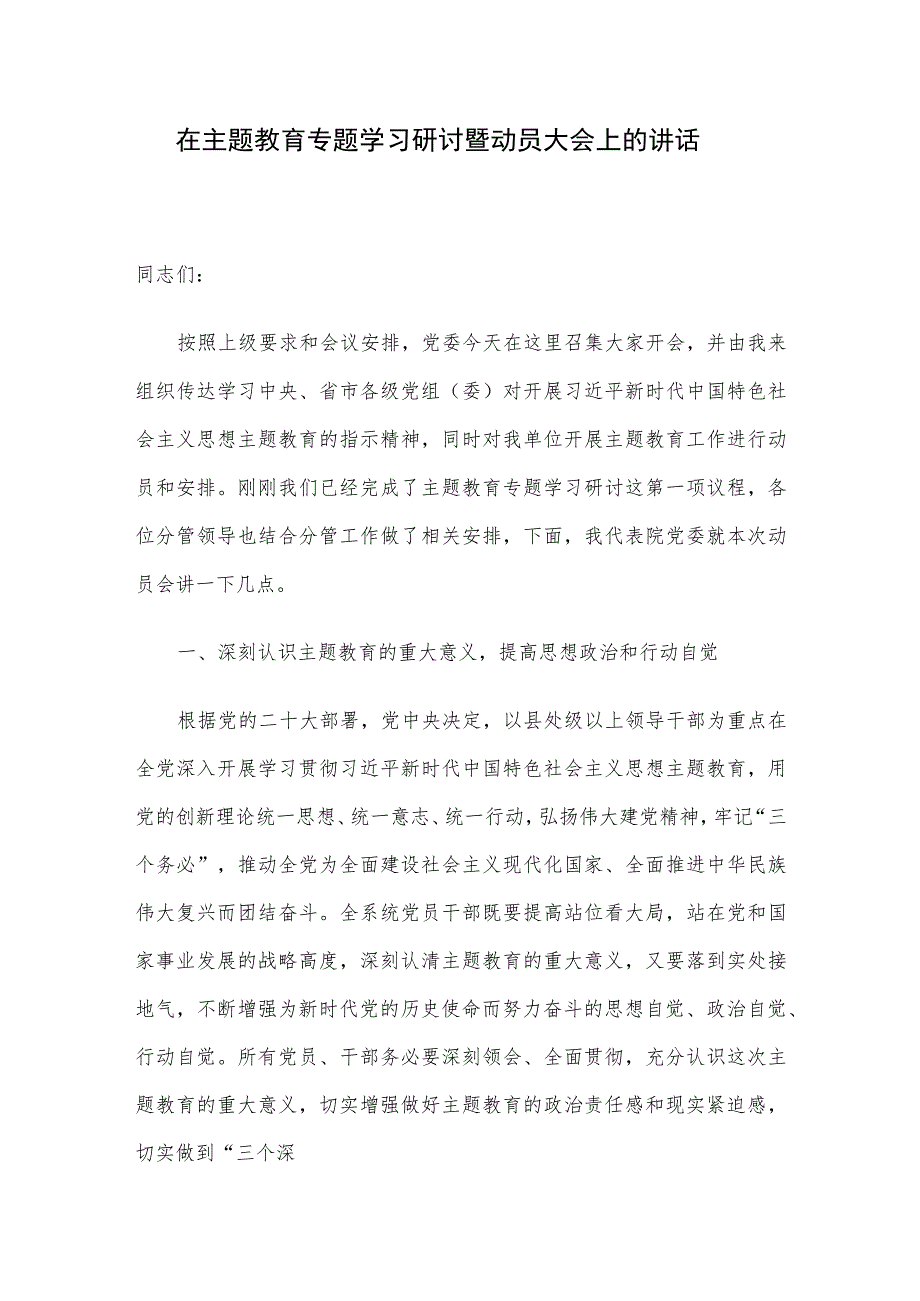 在主题教育专题学习研讨暨动员大会上的讲话.docx_第1页