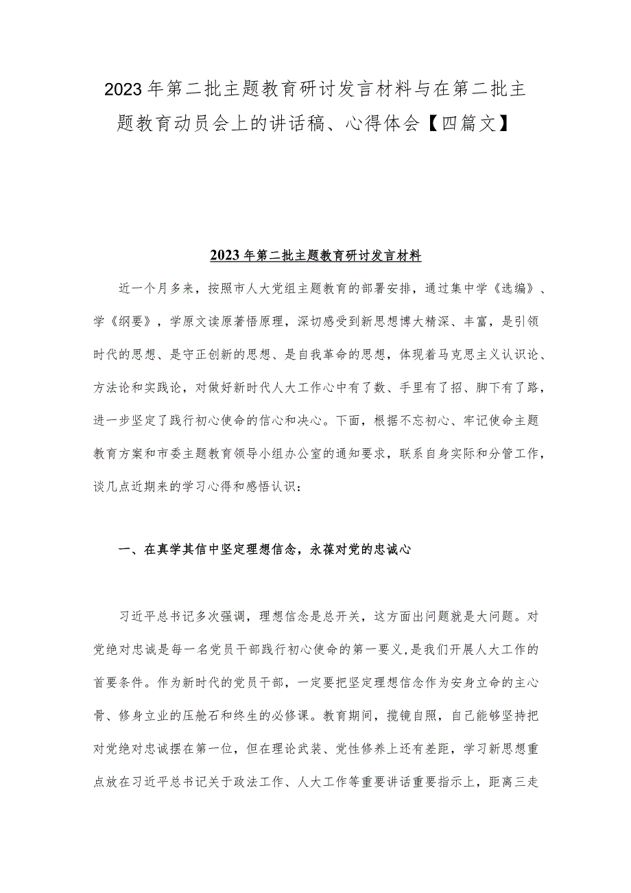 2023年第二批主题教育研讨发言材料与在第二批主题教育动员会上的讲话稿、心得体会【四篇文】.docx_第1页