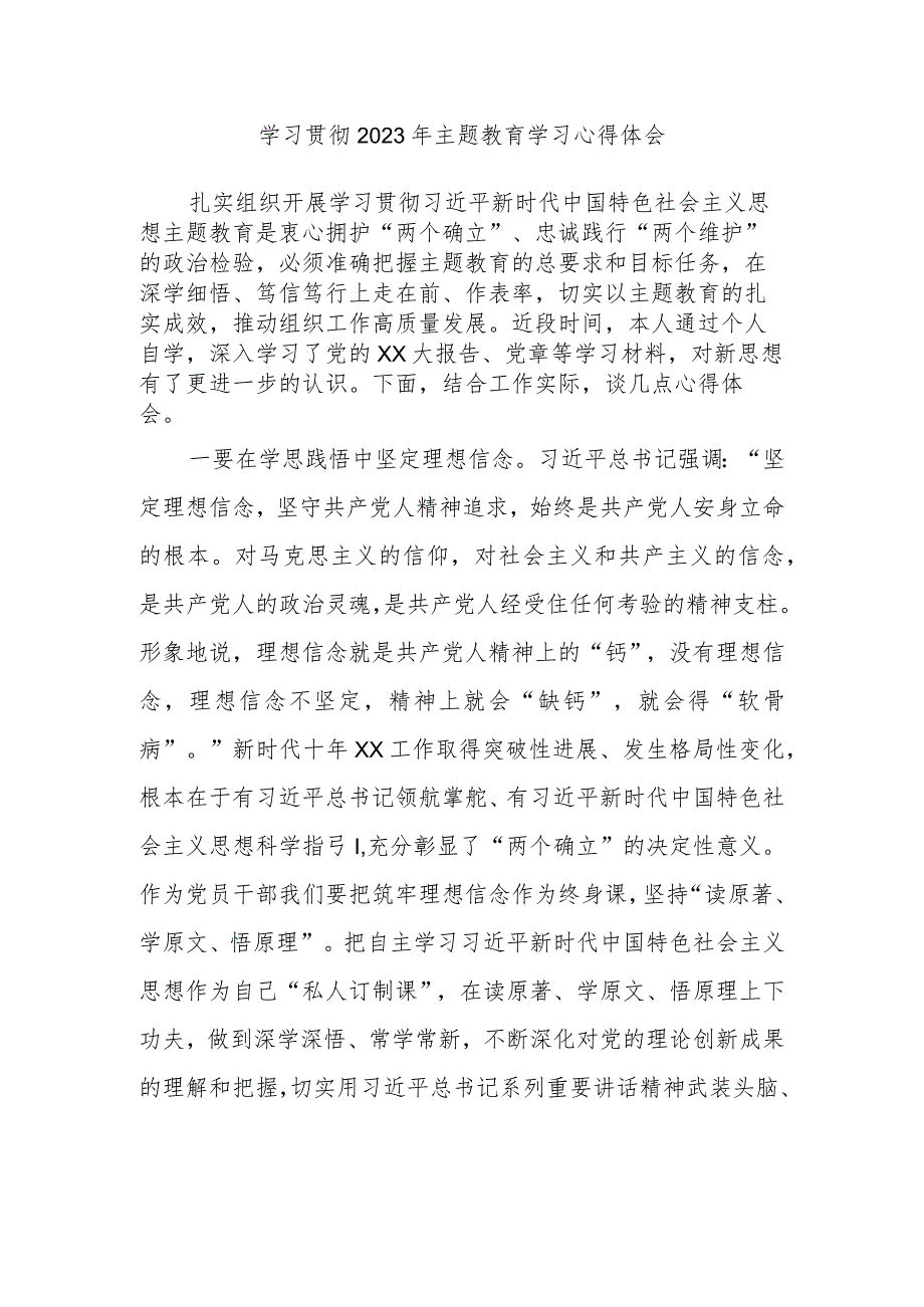 学习贯彻2023年主题教育学习心得体会3.docx_第1页