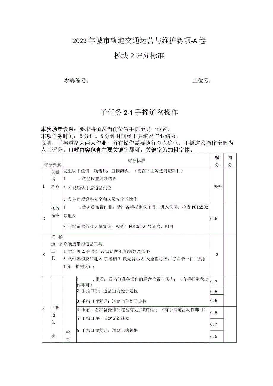 2023年城市轨道交通运营与维护赛项-A卷-模块2- 评分标准-2023年全国职业院校技能大赛赛项正式赛卷.docx_第1页