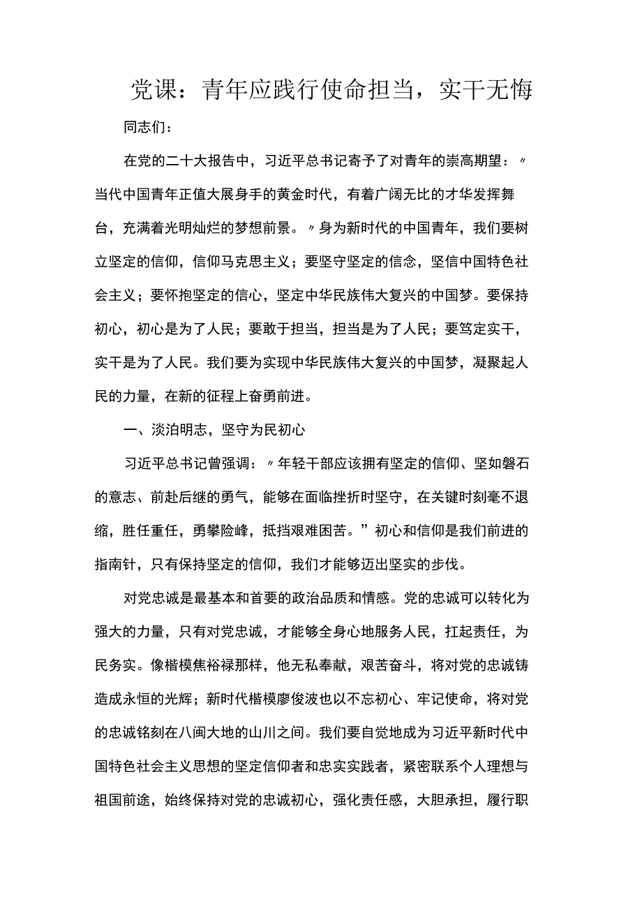 党课：青年应践行使命担当实干无悔 .docx_第1页