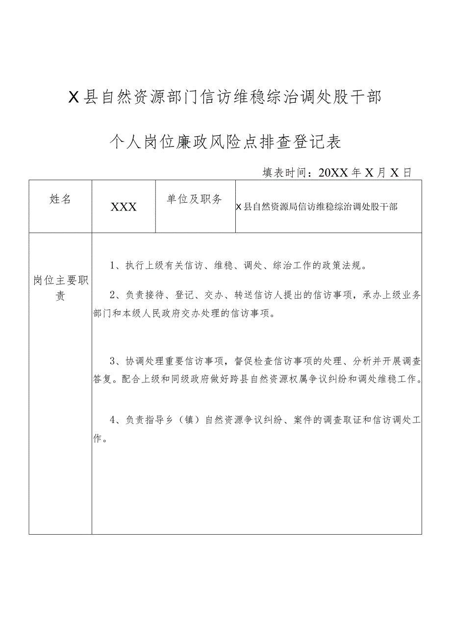 某县自然资源部门信访维稳综治调处股干部个人岗位廉政风险点排查登记表.docx_第1页