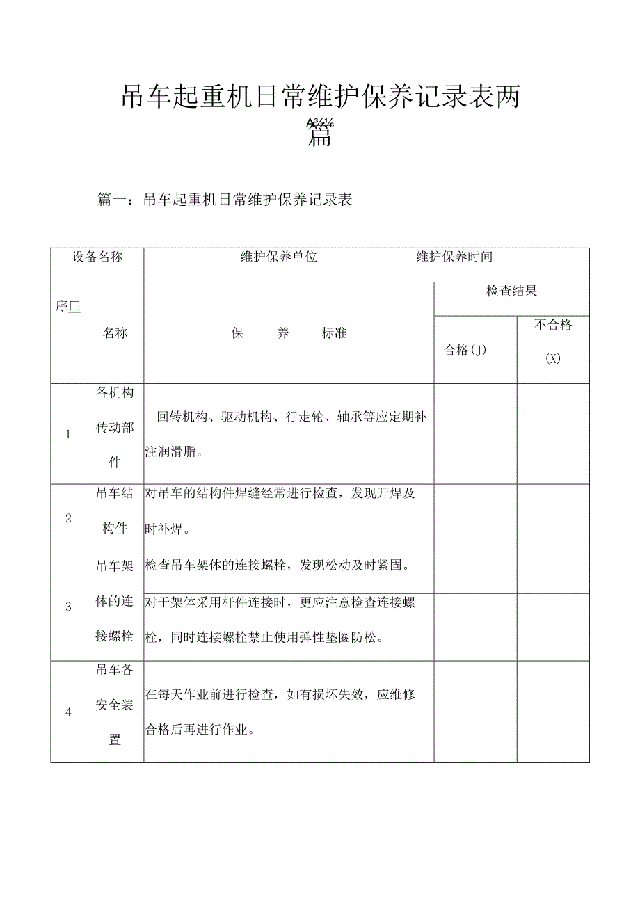 吊车起重机日常维护保养记录表两篇.docx_第1页