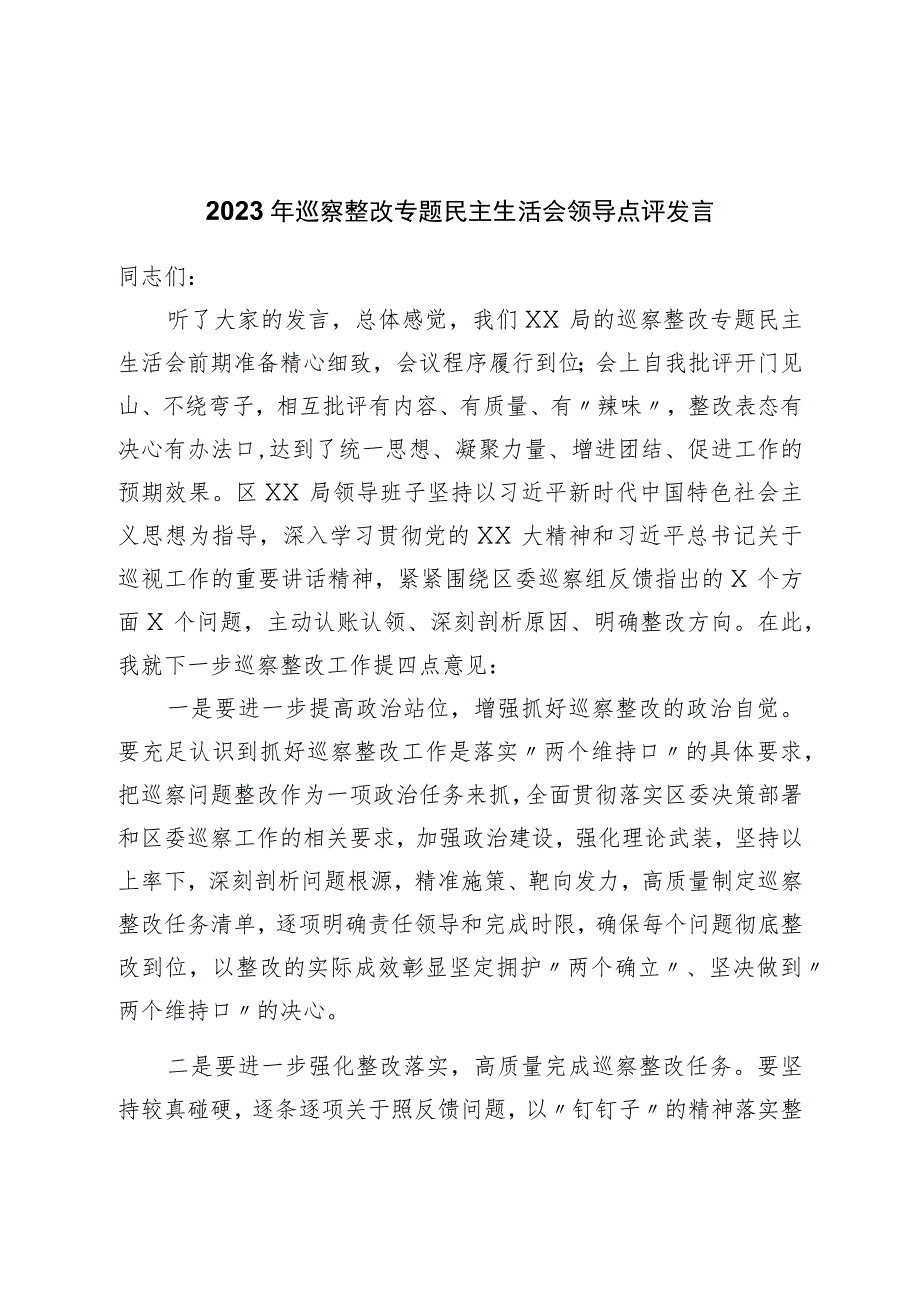 2023年巡察整改专题民主生活会领导点评发言.docx_第1页