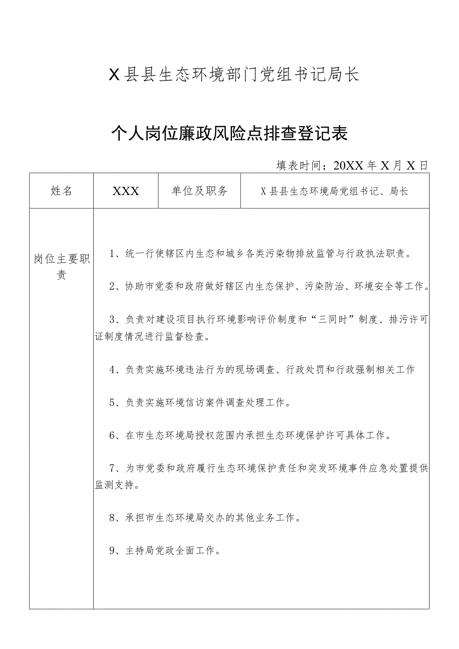 某县生态环境部门党组书记局长个人岗位廉政风险点排查登记表.docx_第1页