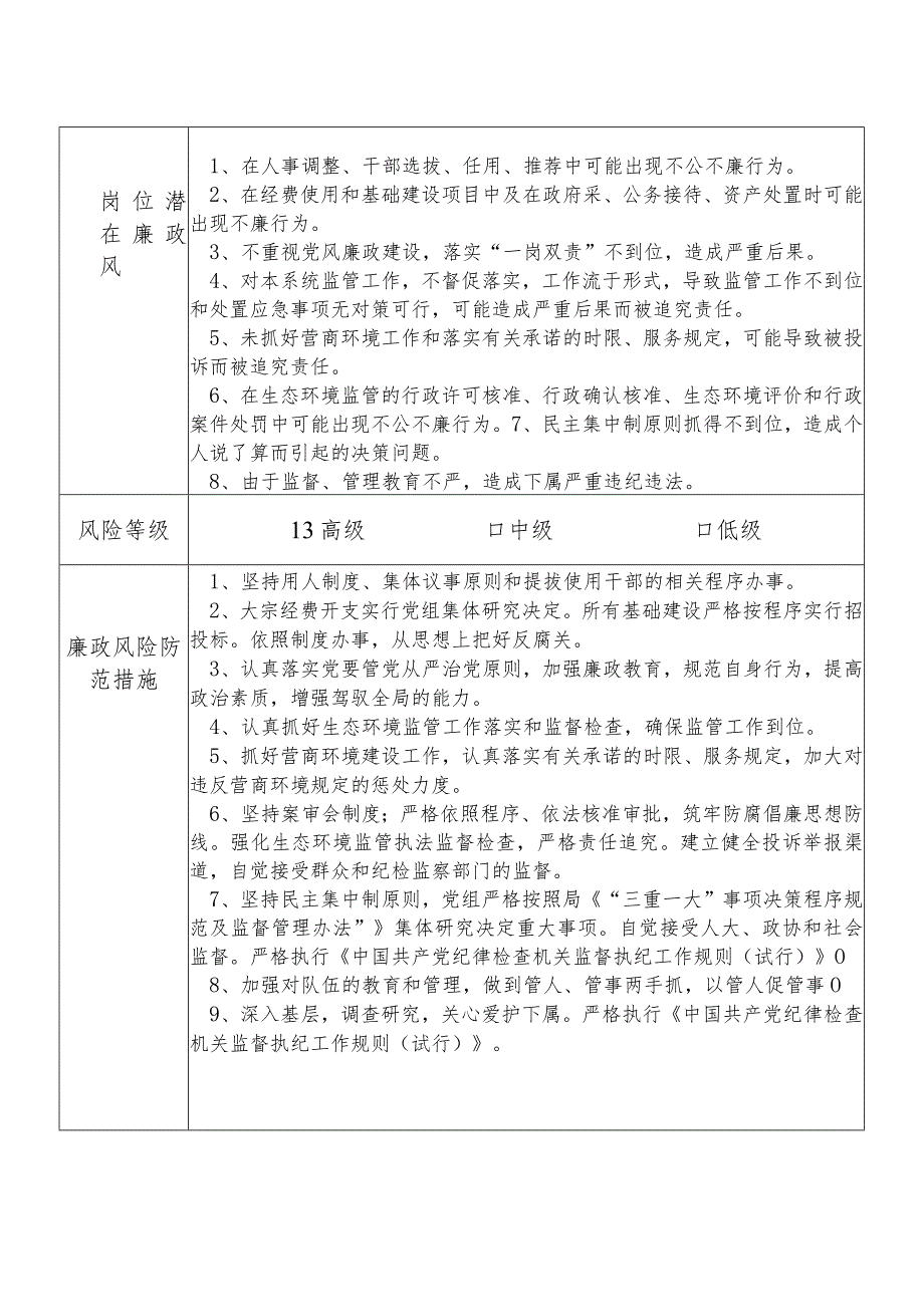 某县生态环境部门党组书记局长个人岗位廉政风险点排查登记表.docx_第2页